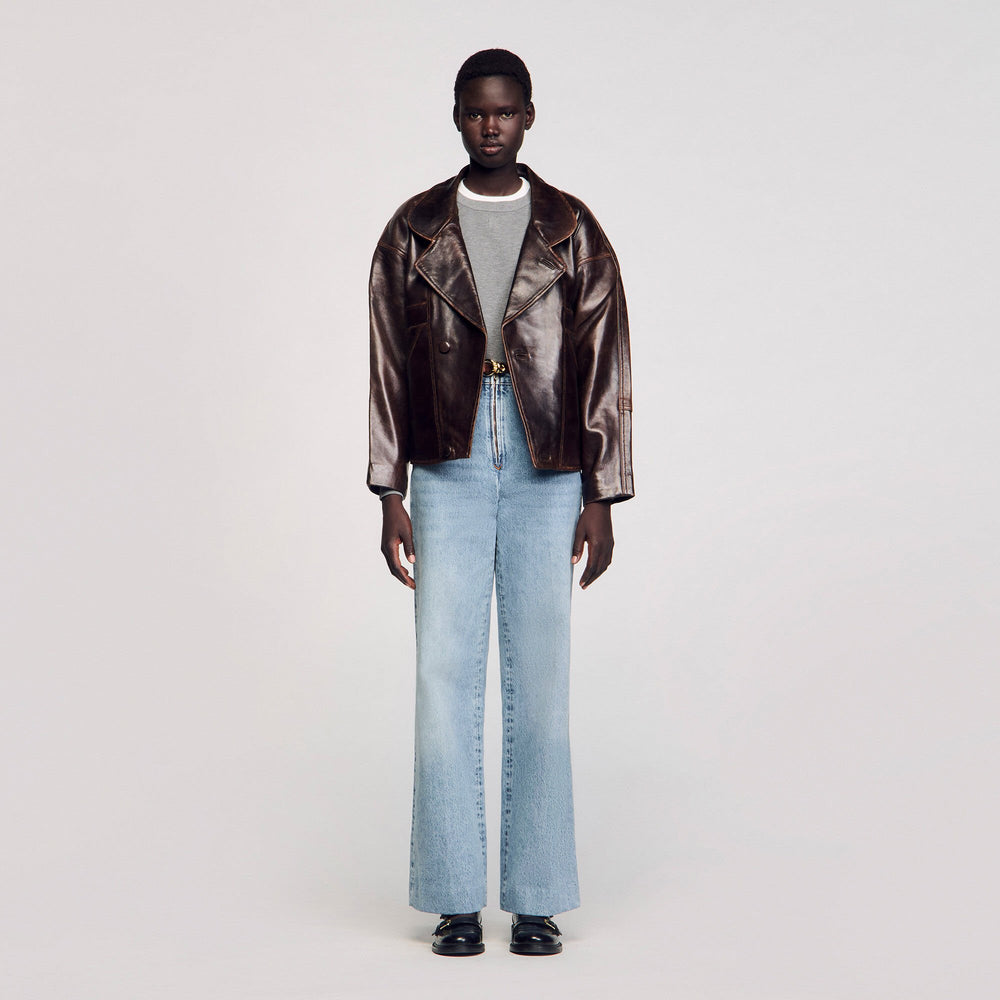 Oversized leather jacket Brown Sandro Women