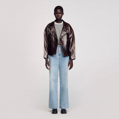 Oversized leather jacket Brown Sandro Women