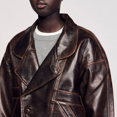 Oversized leather jacket Brown Sandro Women