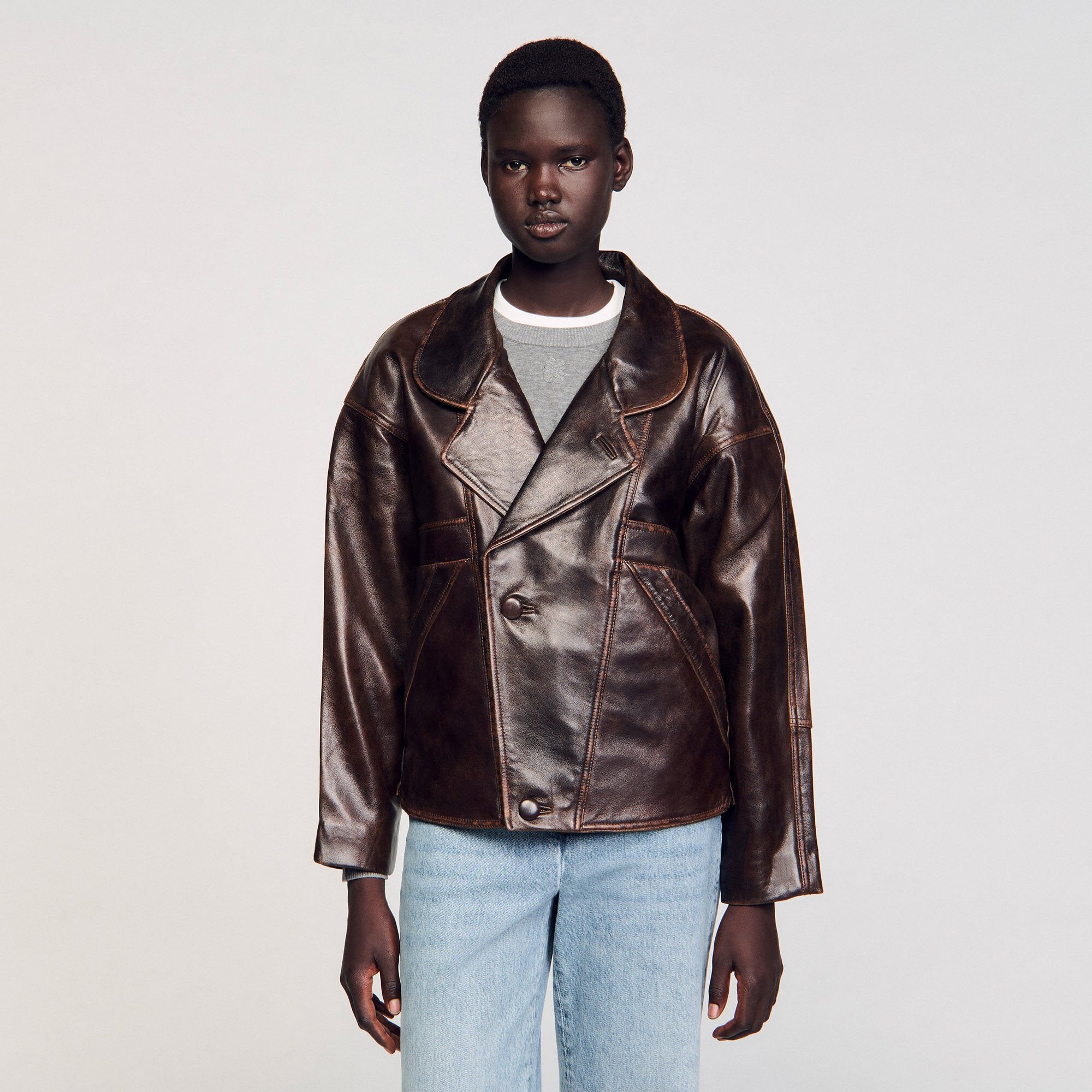 Oversized leather jacket Brown Sandro Women