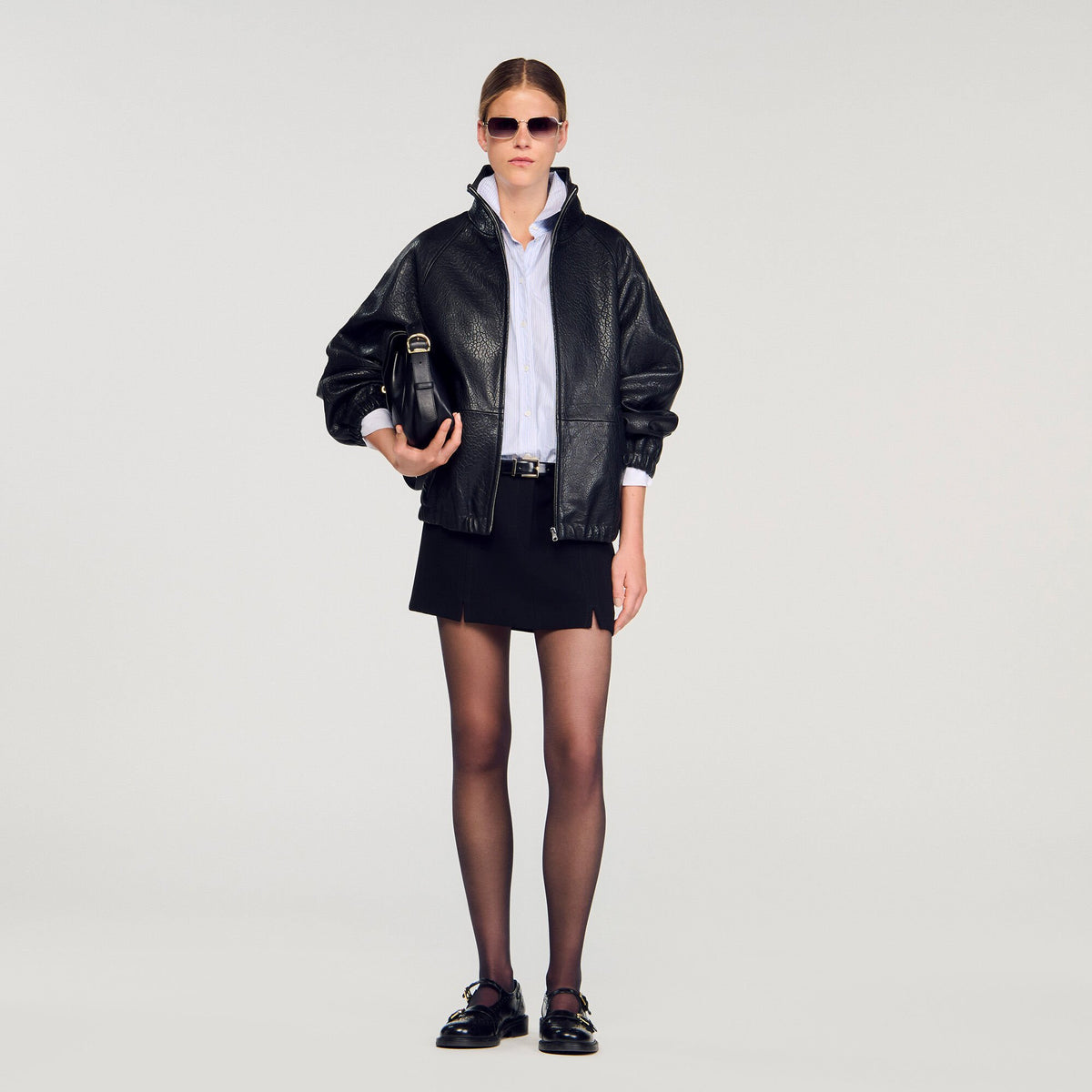 Oversized leather jacket Black Sandro Women