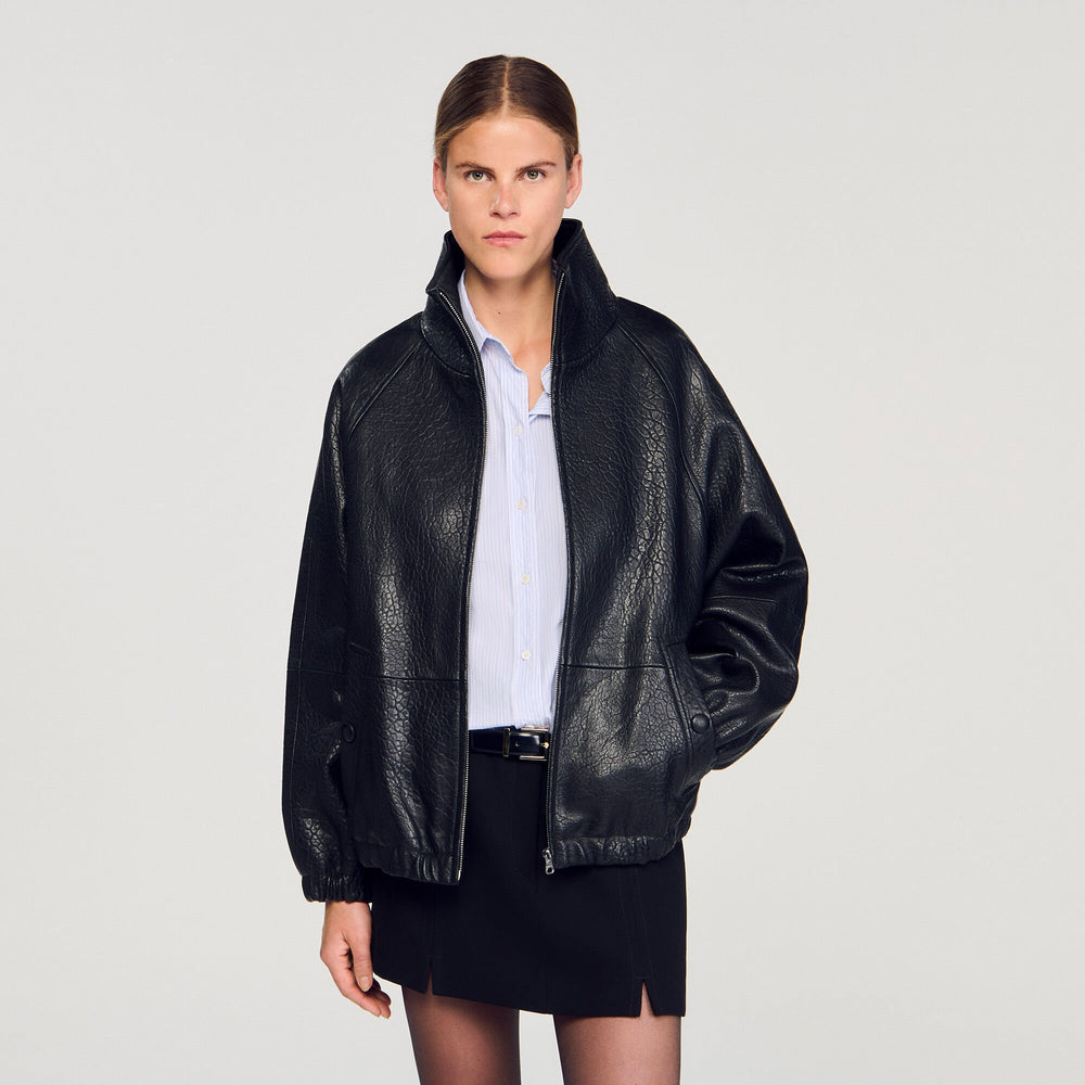 Oversized leather jacket Black Sandro Women