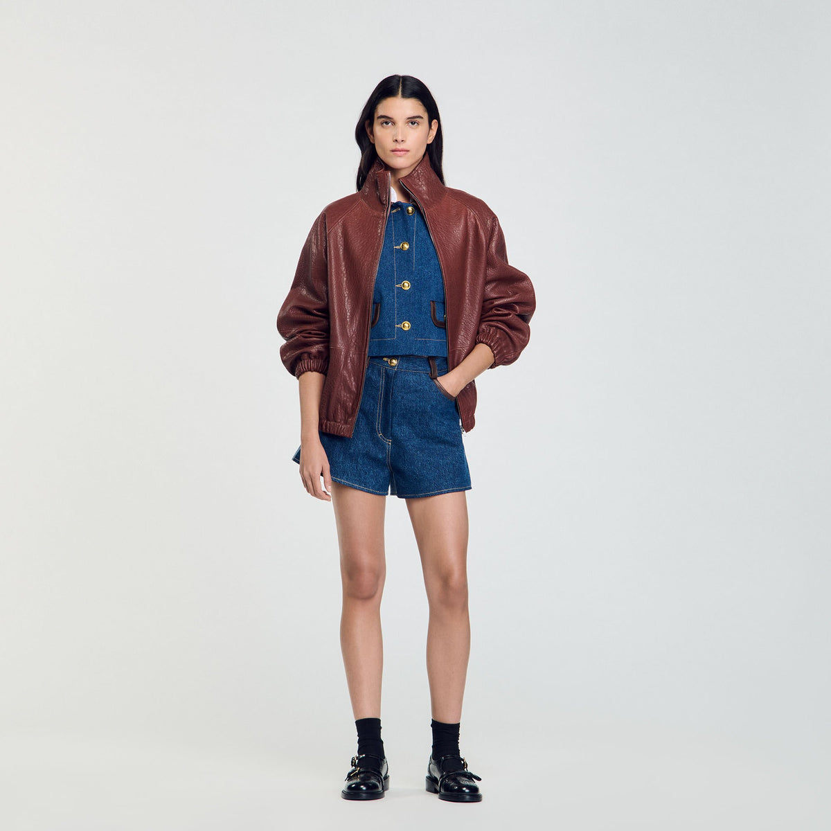 Oversized leather jacket Bordeaux Sandro Women