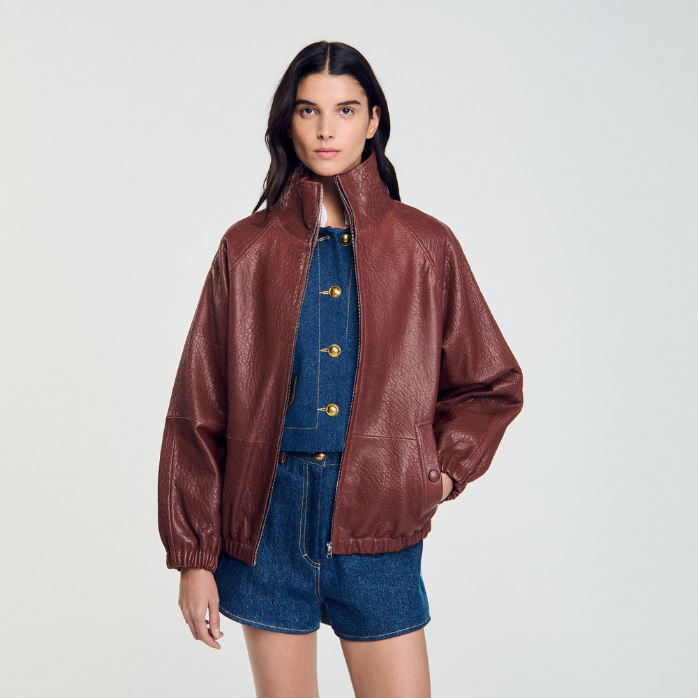 Oversized leather jacket Bordeaux Sandro Women