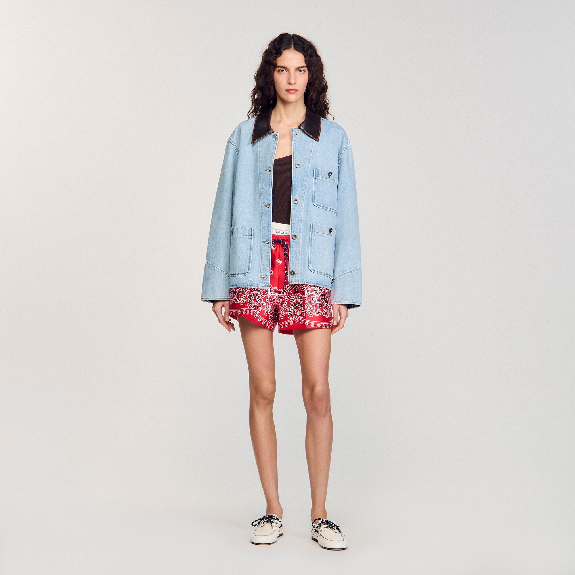 Denim jacket with leather collar Light Bu Jean Sandro Women
