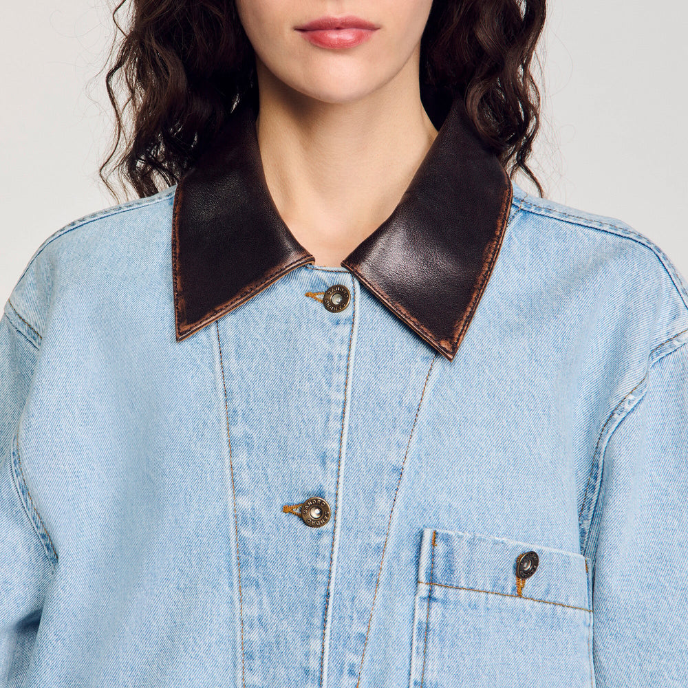 Denim jacket with leather collar Light Bu Jean Sandro Women