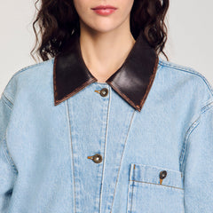 Denim jacket with leather collar Light Bu Jean Sandro Women