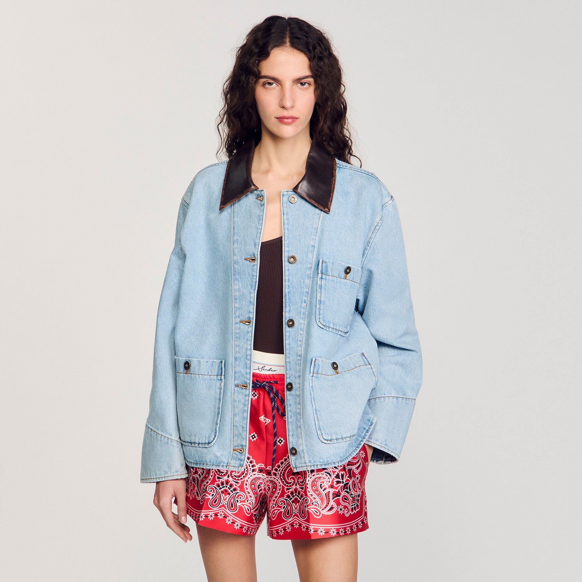 Denim jacket with leather collar Light Bu Jean Sandro Women