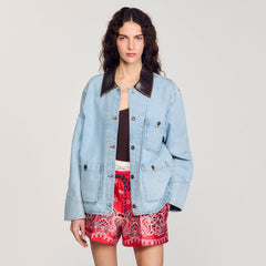 Denim jacket with leather collar Light Bu Jean Sandro Women