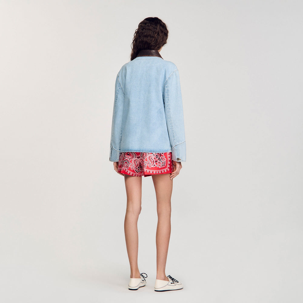 Denim jacket with leather collar Light Bu Jean Sandro Women