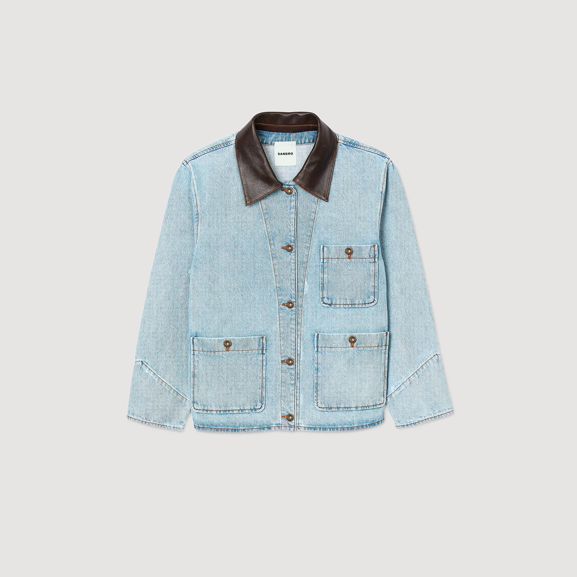Denim jacket with leather collar Light Bu Jean Sandro Women
