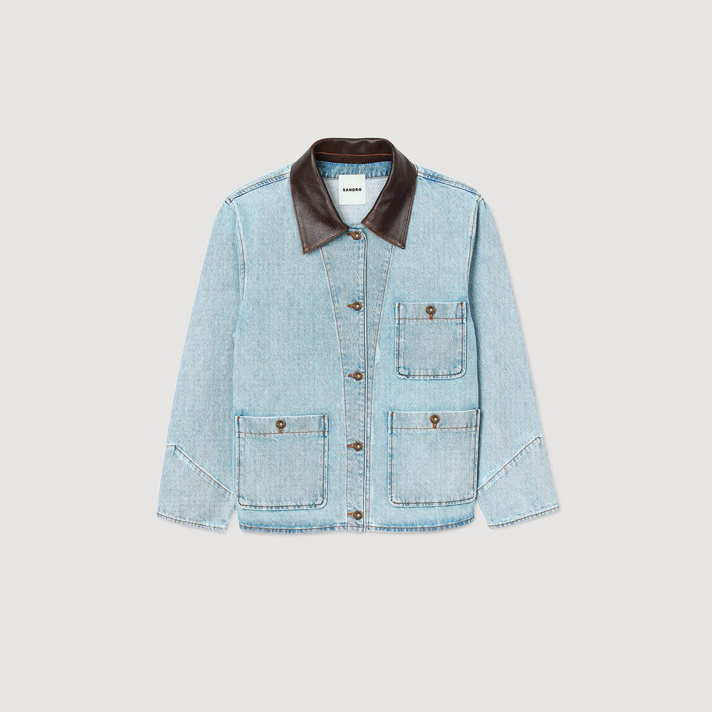 Denim jacket with leather collar Light Bu Jean Sandro Women