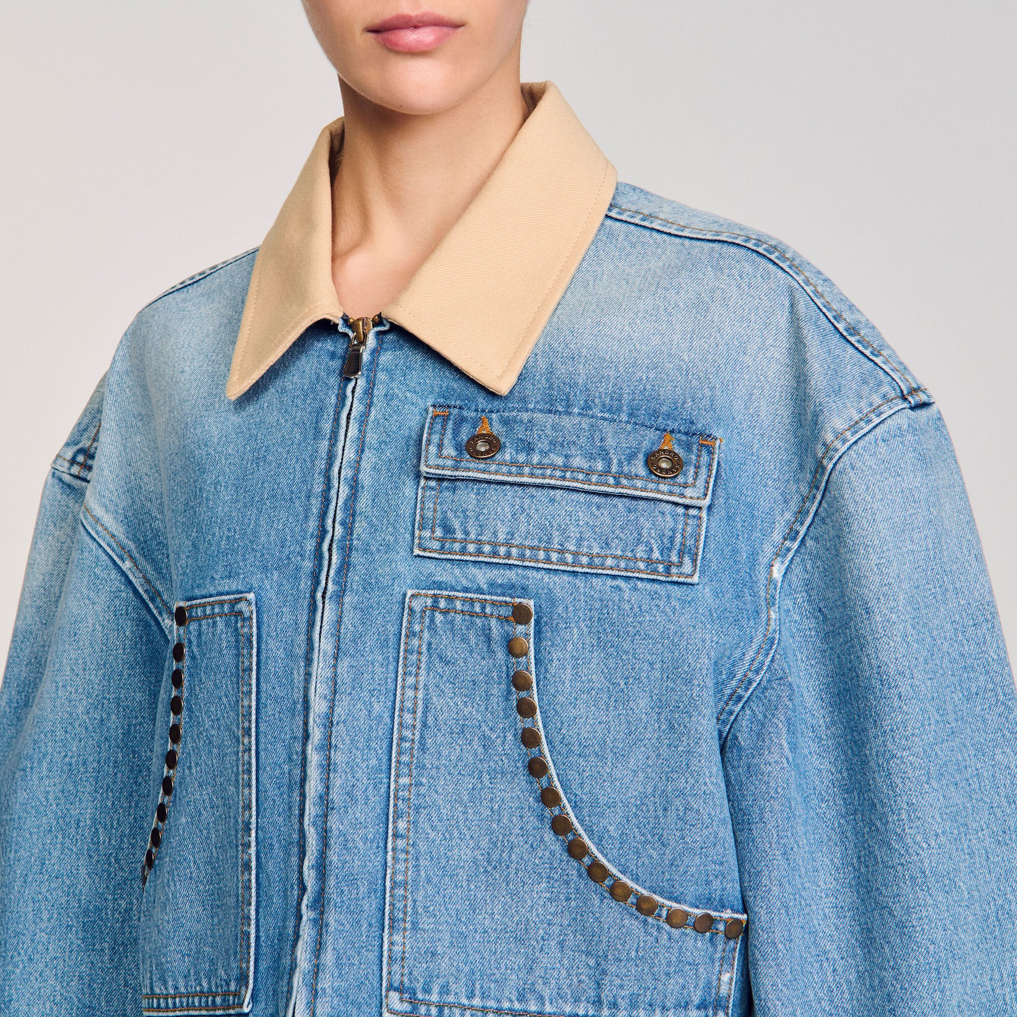 Denim jacket with studs Blue Jean Sandro Women