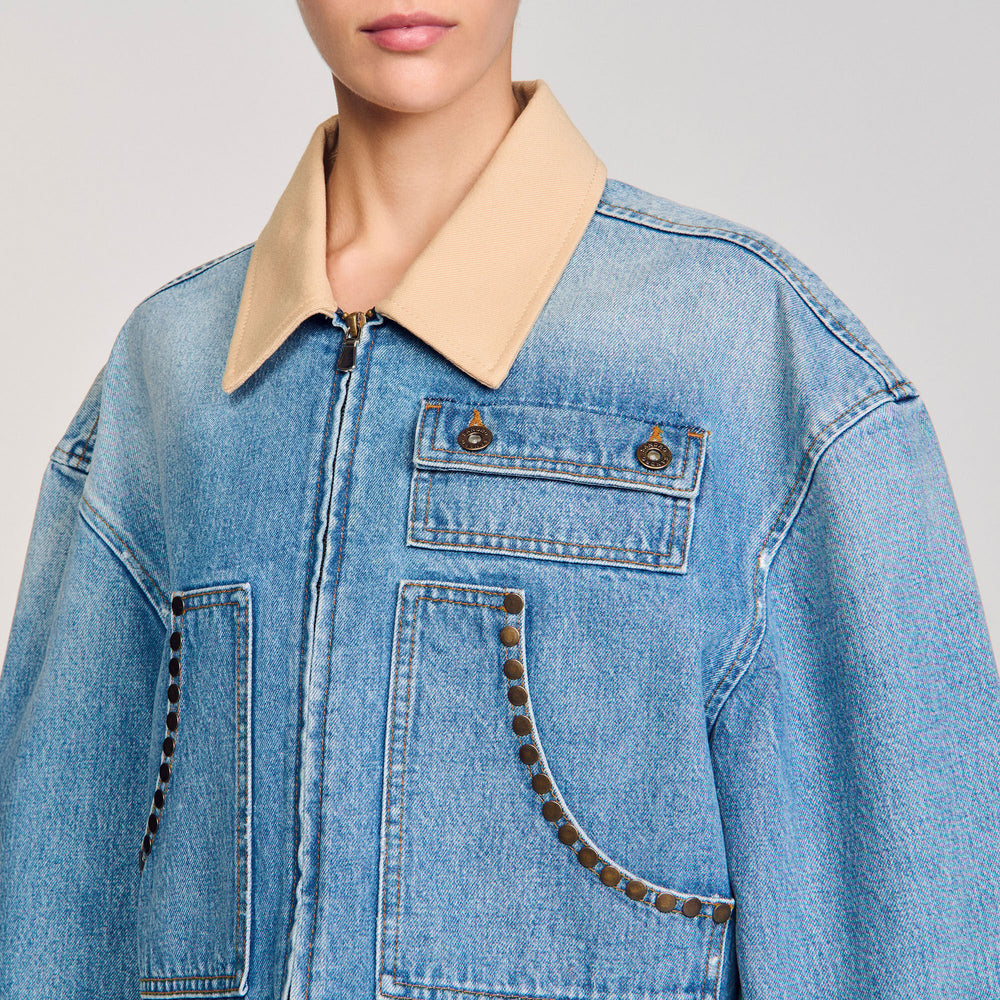 Denim jacket with studs Blue Jean Sandro Women