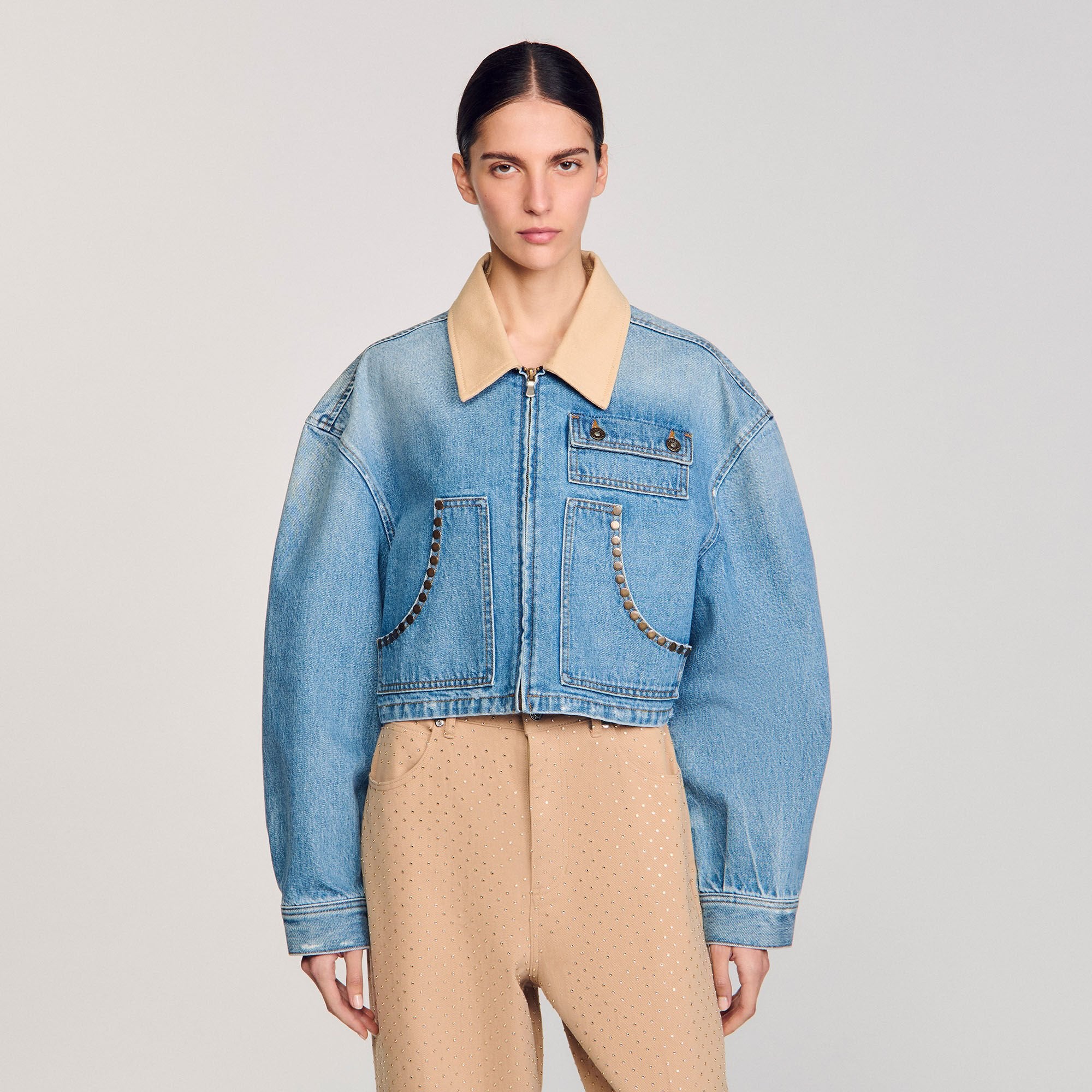 Denim jacket with studs Blue Jean Sandro Women