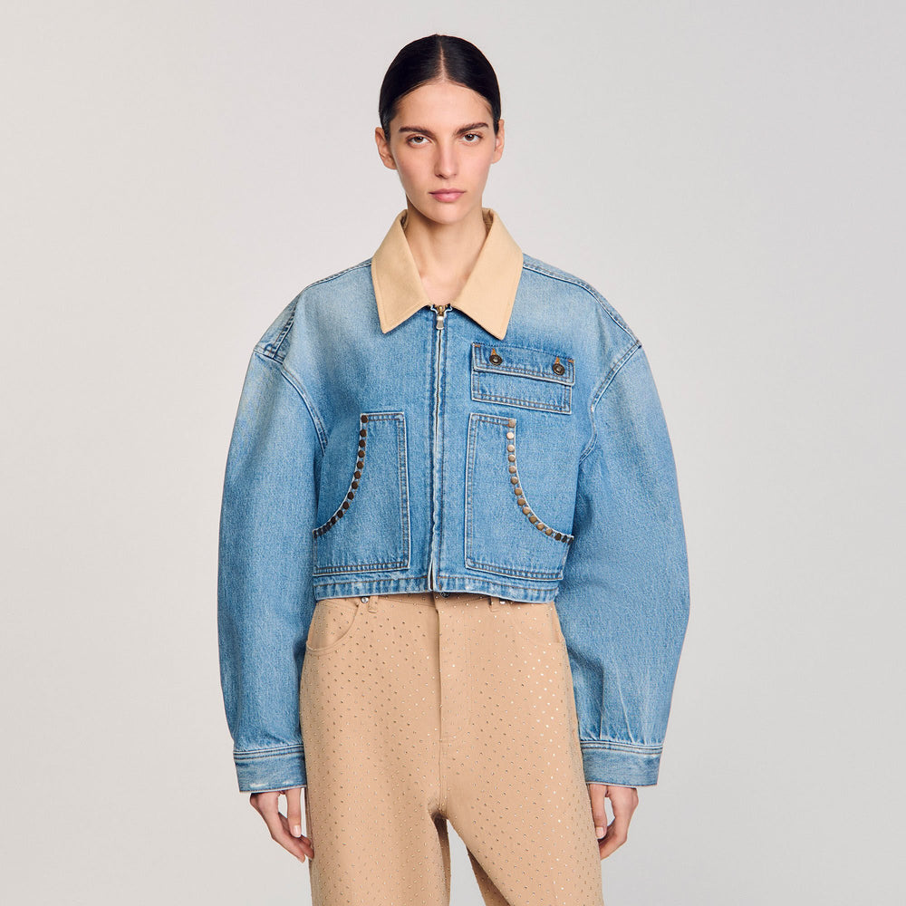 Denim jacket with studs Blue Jean Sandro Women