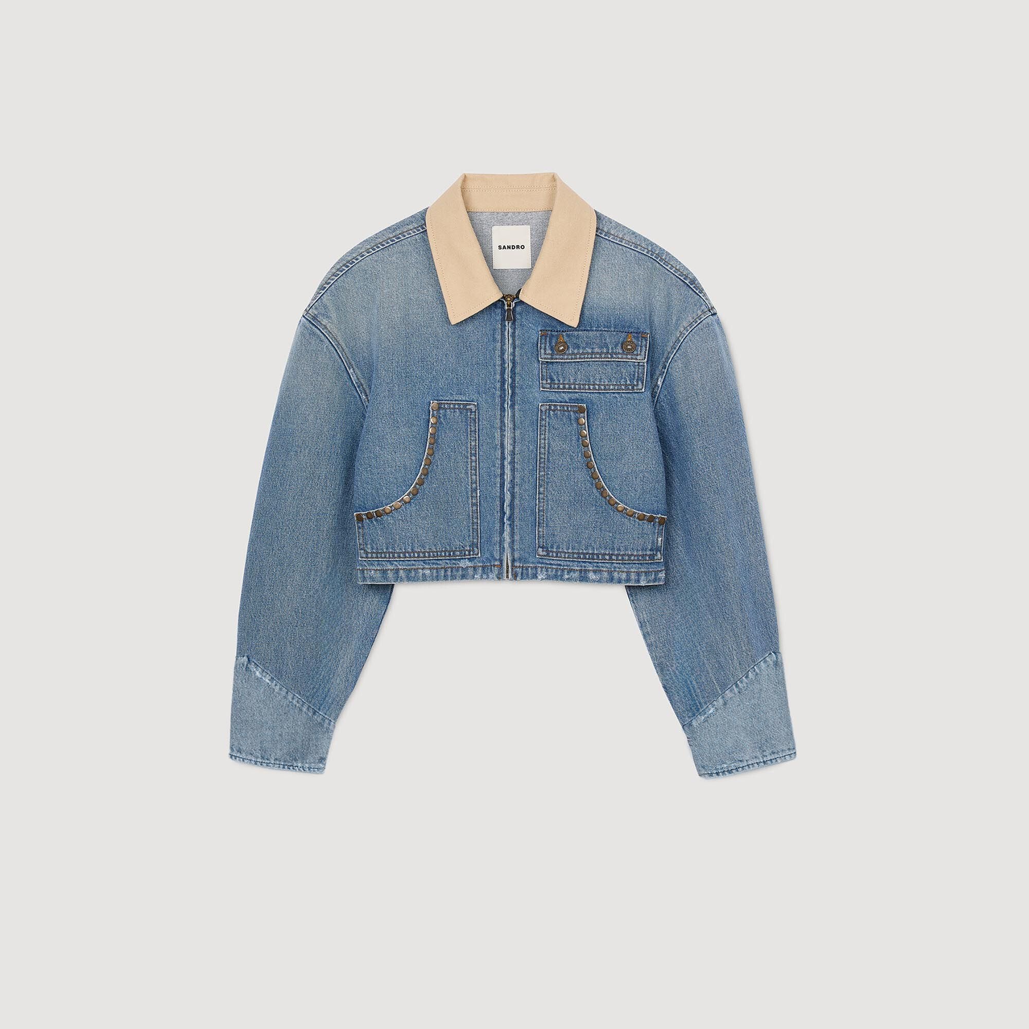 Denim jacket with studs Blue Jean Sandro Women