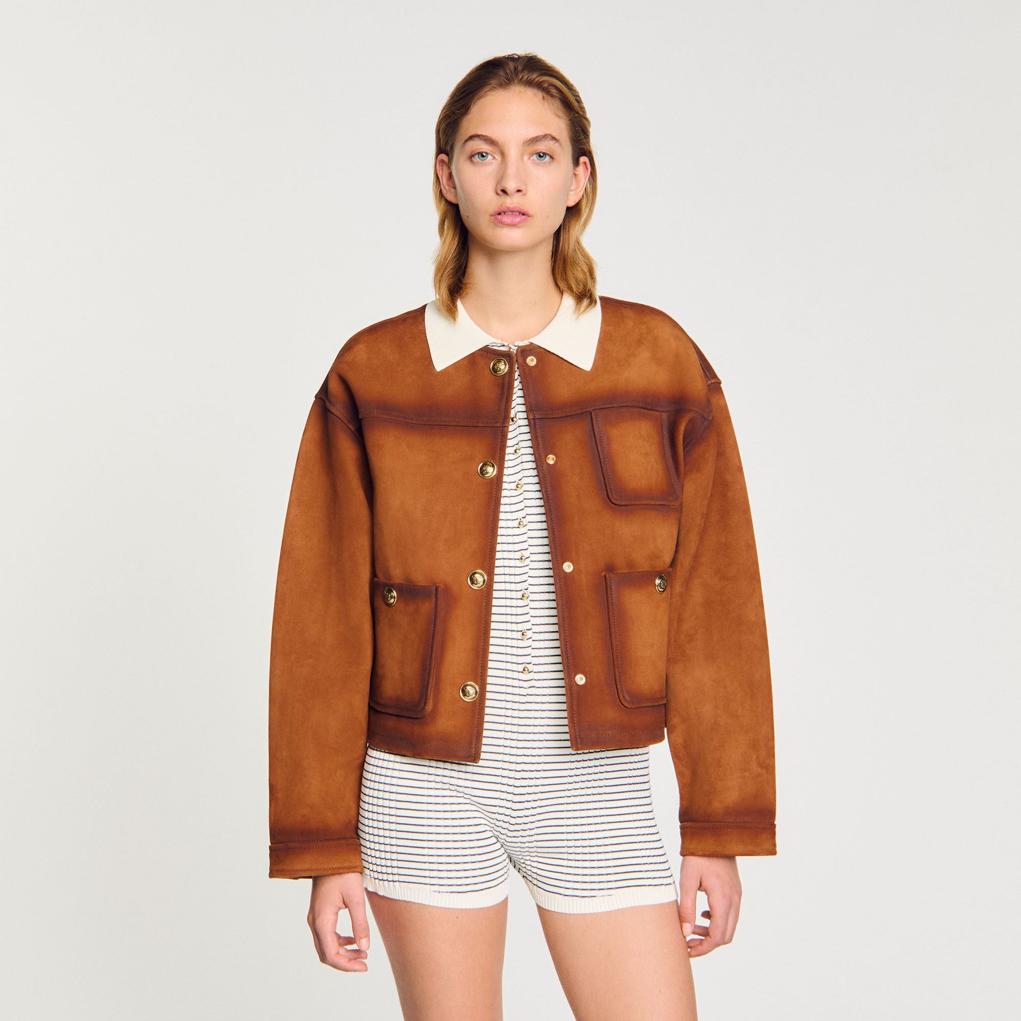 Suede jacket Camel Sandro Women