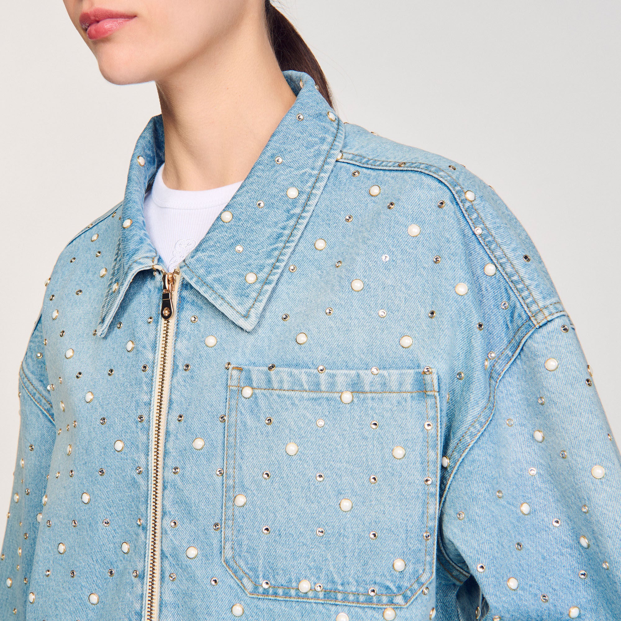 Beaded and rhinestone denim jacket Blue Jean Sandro Women