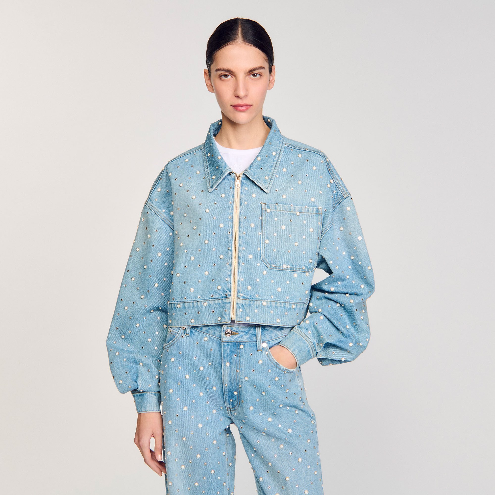 Beaded and rhinestone denim jacket Blue Jean Sandro Women