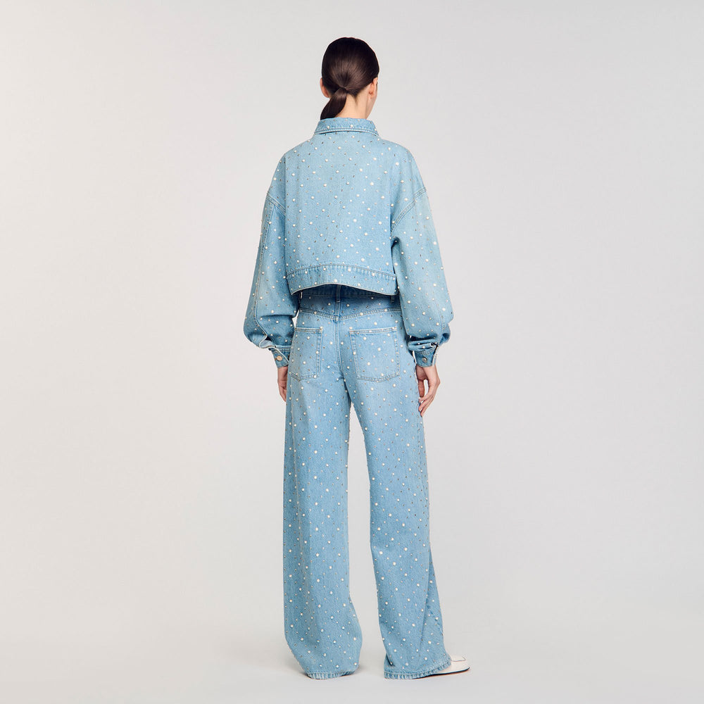 Beaded and rhinestone denim jacket Blue Jean Sandro Women