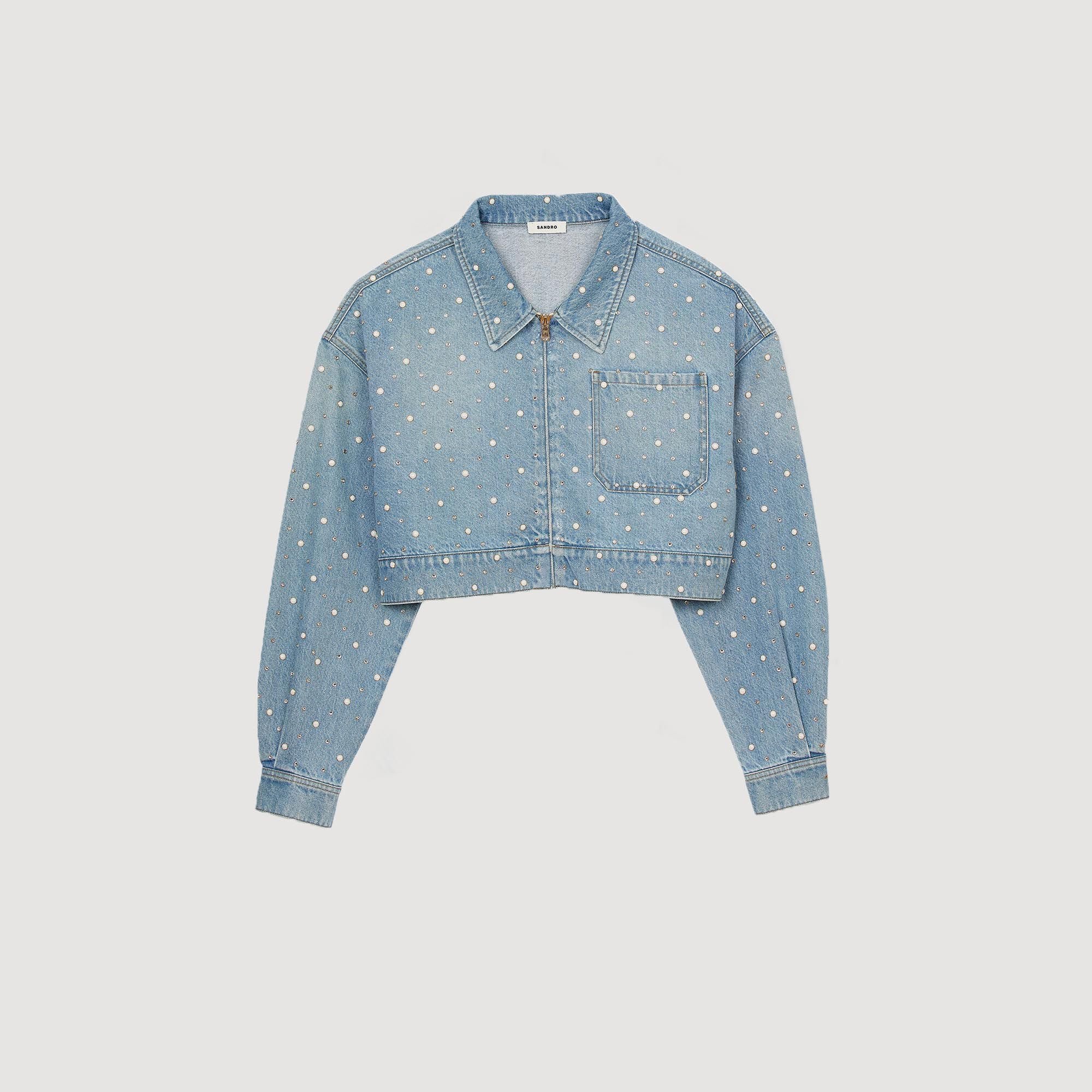 Beaded and rhinestone denim jacket Blue Jean Sandro Women