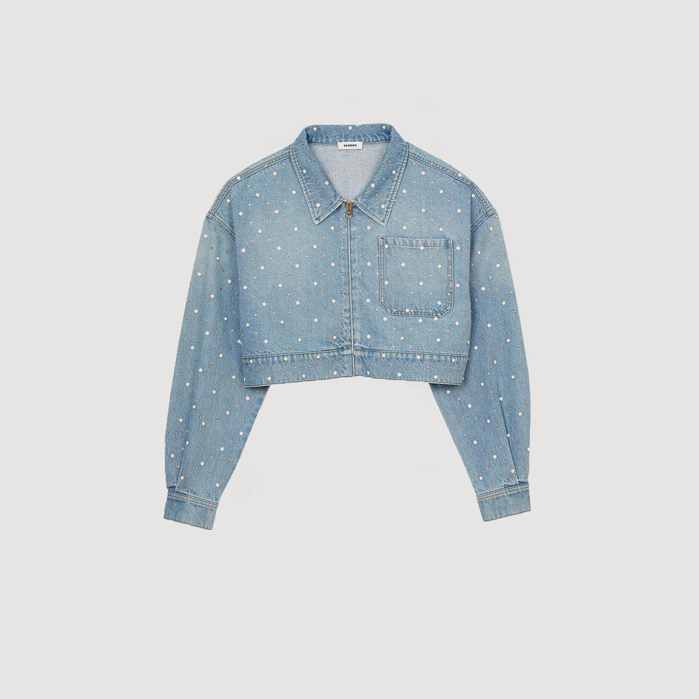 Beaded and rhinestone denim jacket Blue Jean Sandro Women
