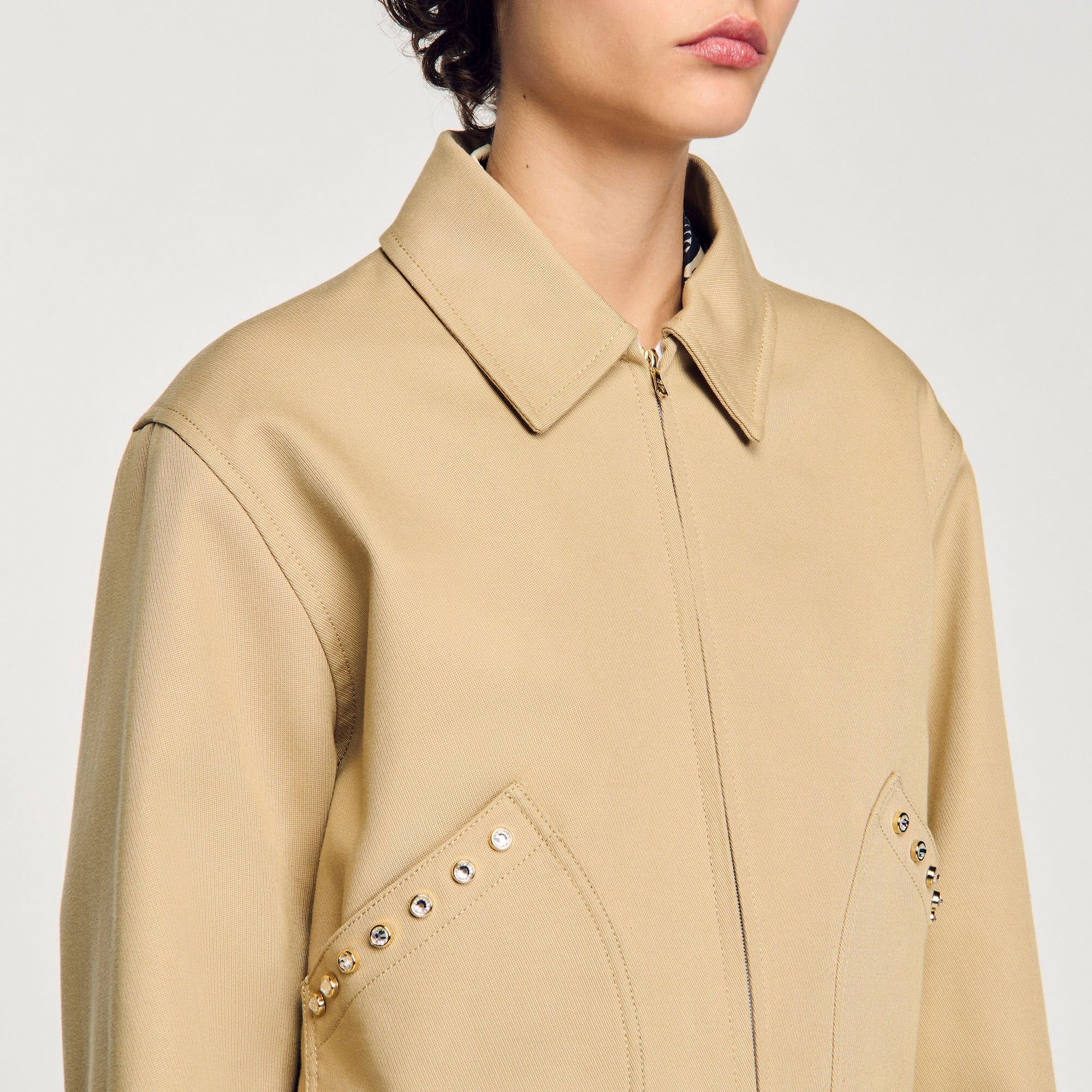Short jacket with rhinestone details Beige Sandro Women