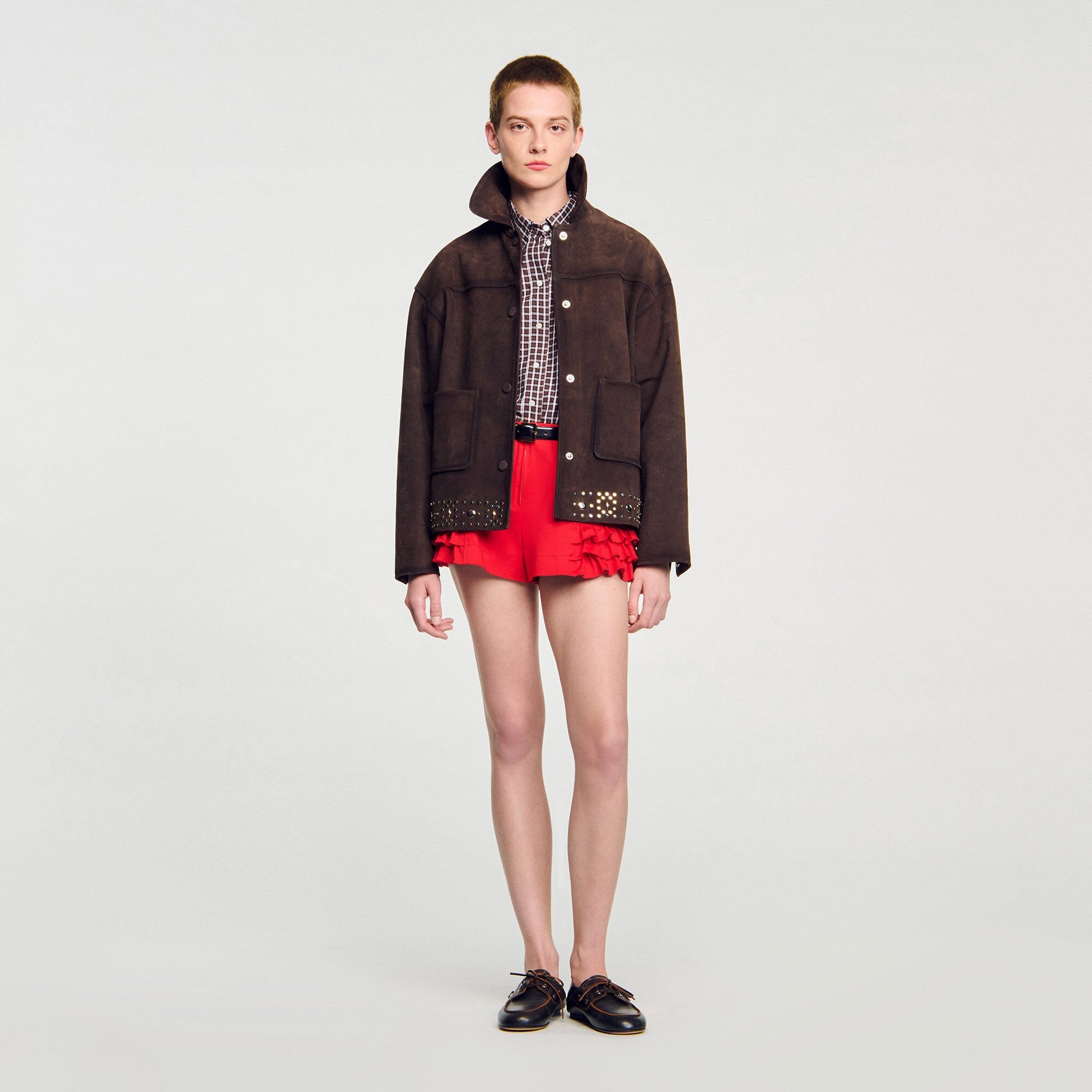 Studded suede leather jacket Brown Sandro Women