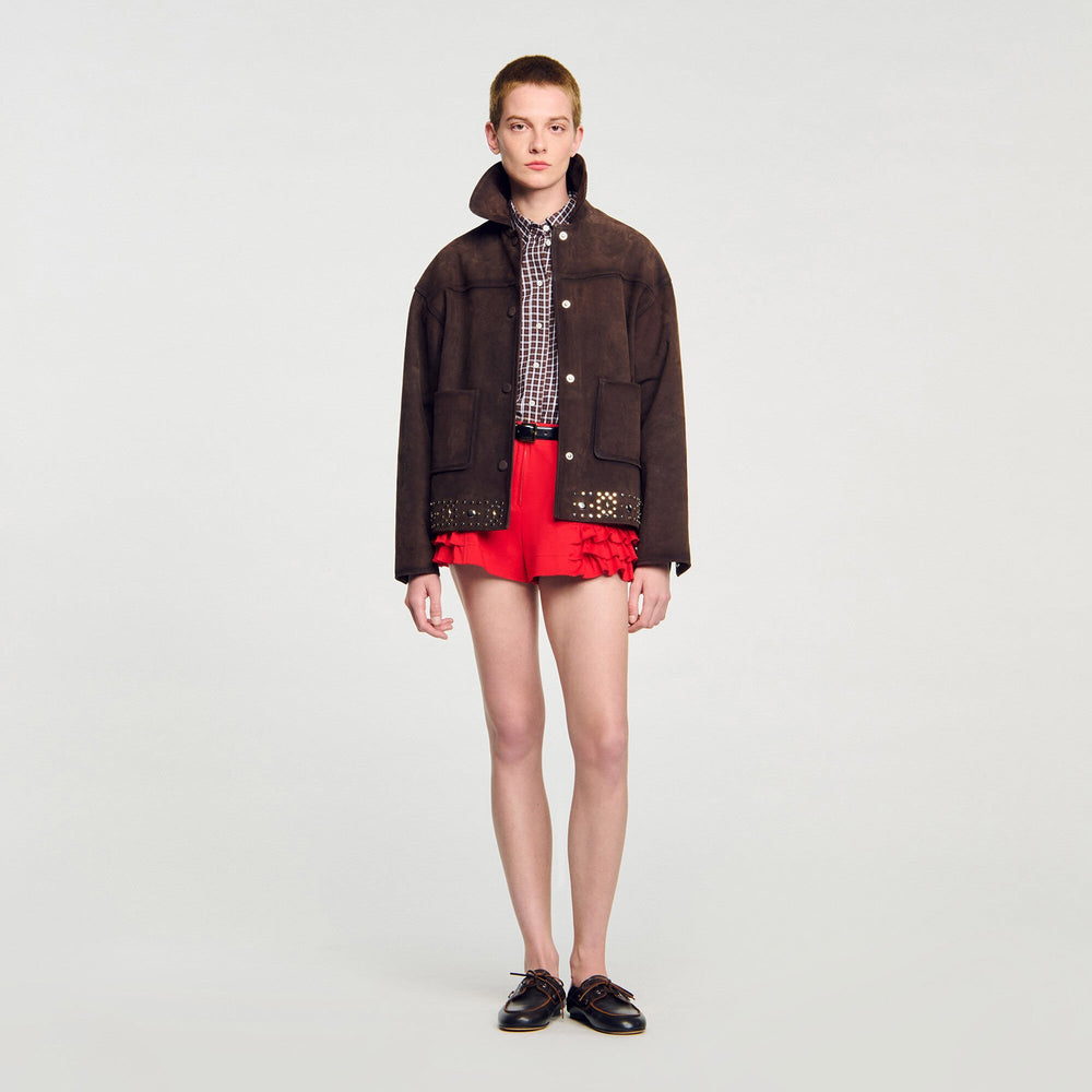 Studded suede leather jacket Brown Sandro Women
