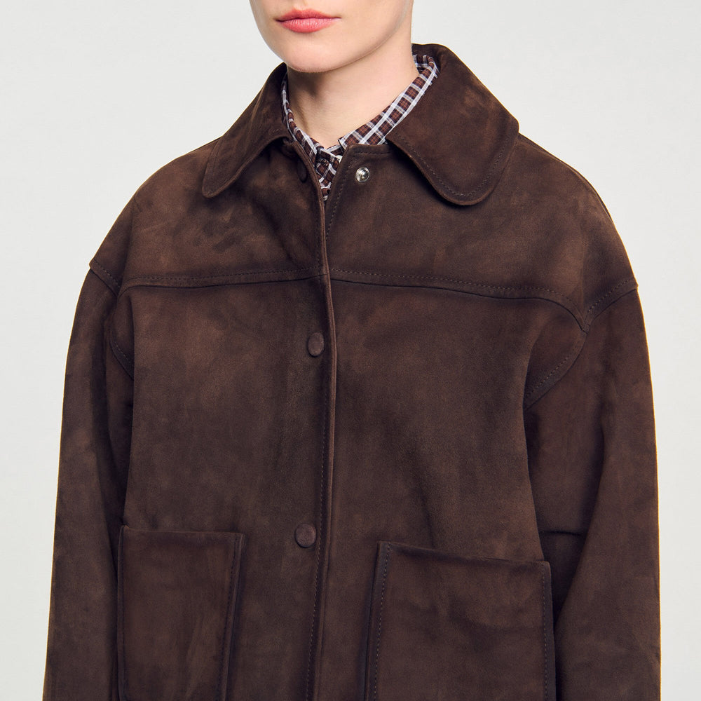 Studded suede leather jacket Brown Sandro Women