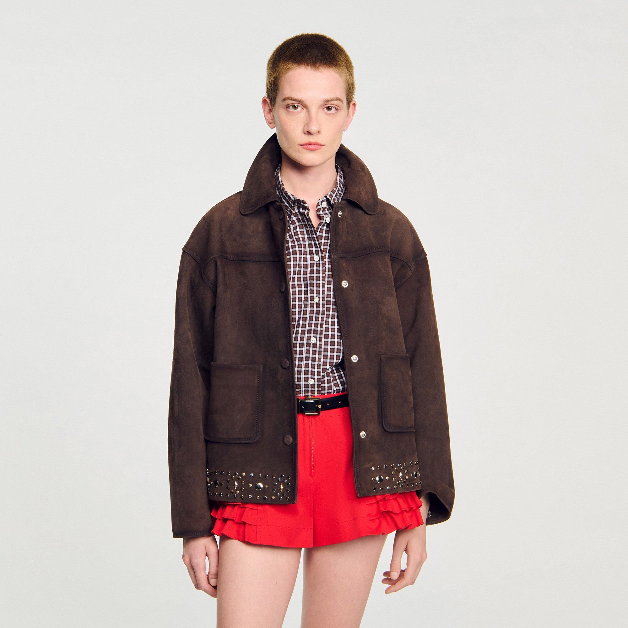 Studded suede leather jacket Brown Sandro Women