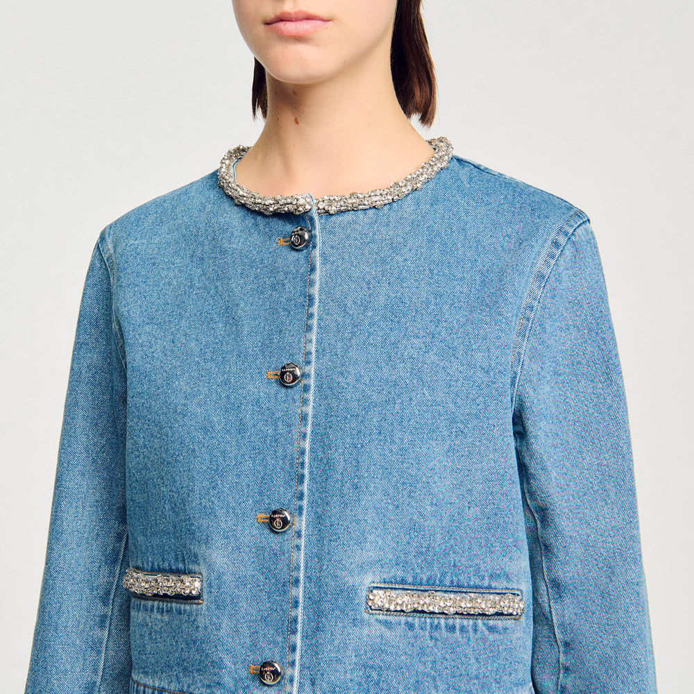 Rhinestone denim jacket Blue Jean Sandro Women