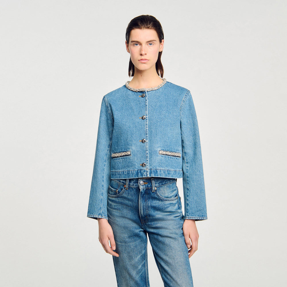 Rhinestone denim jacket Blue Jean Sandro Women