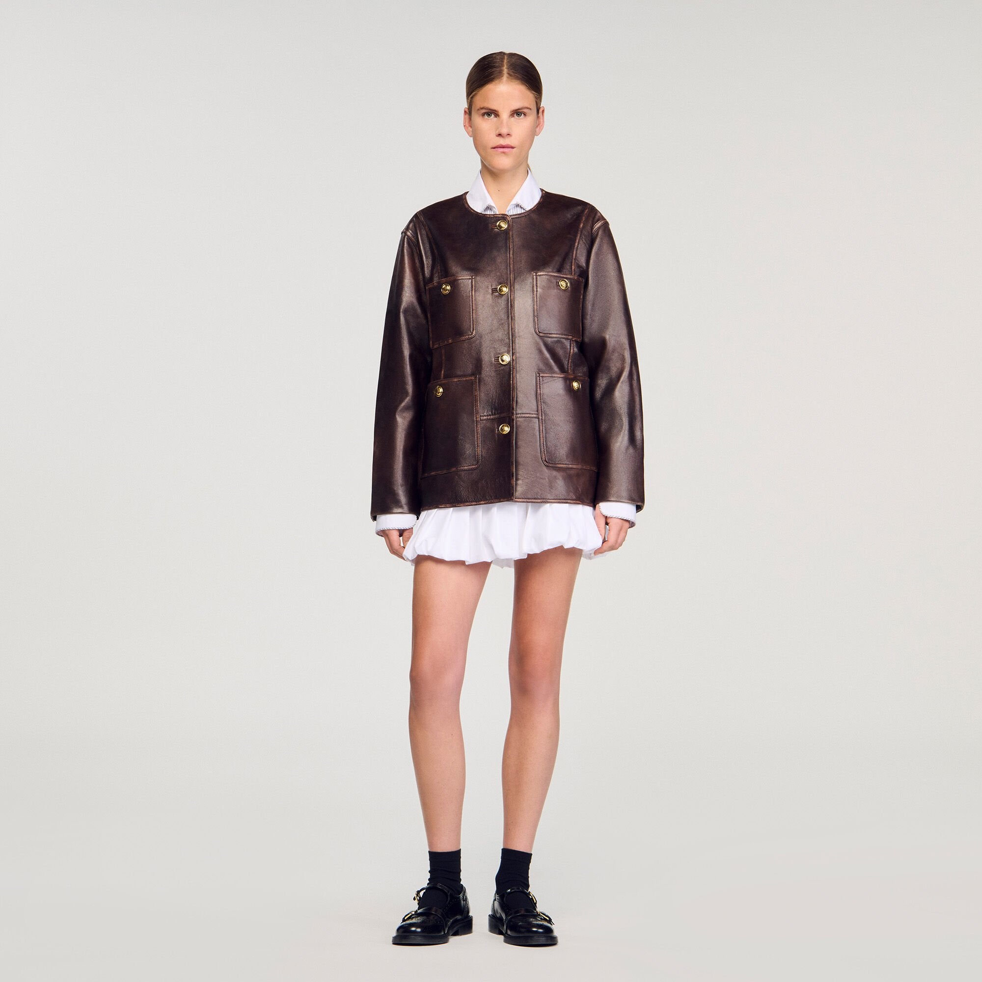 Long distressed leather jacket Black Brown Sandro Women