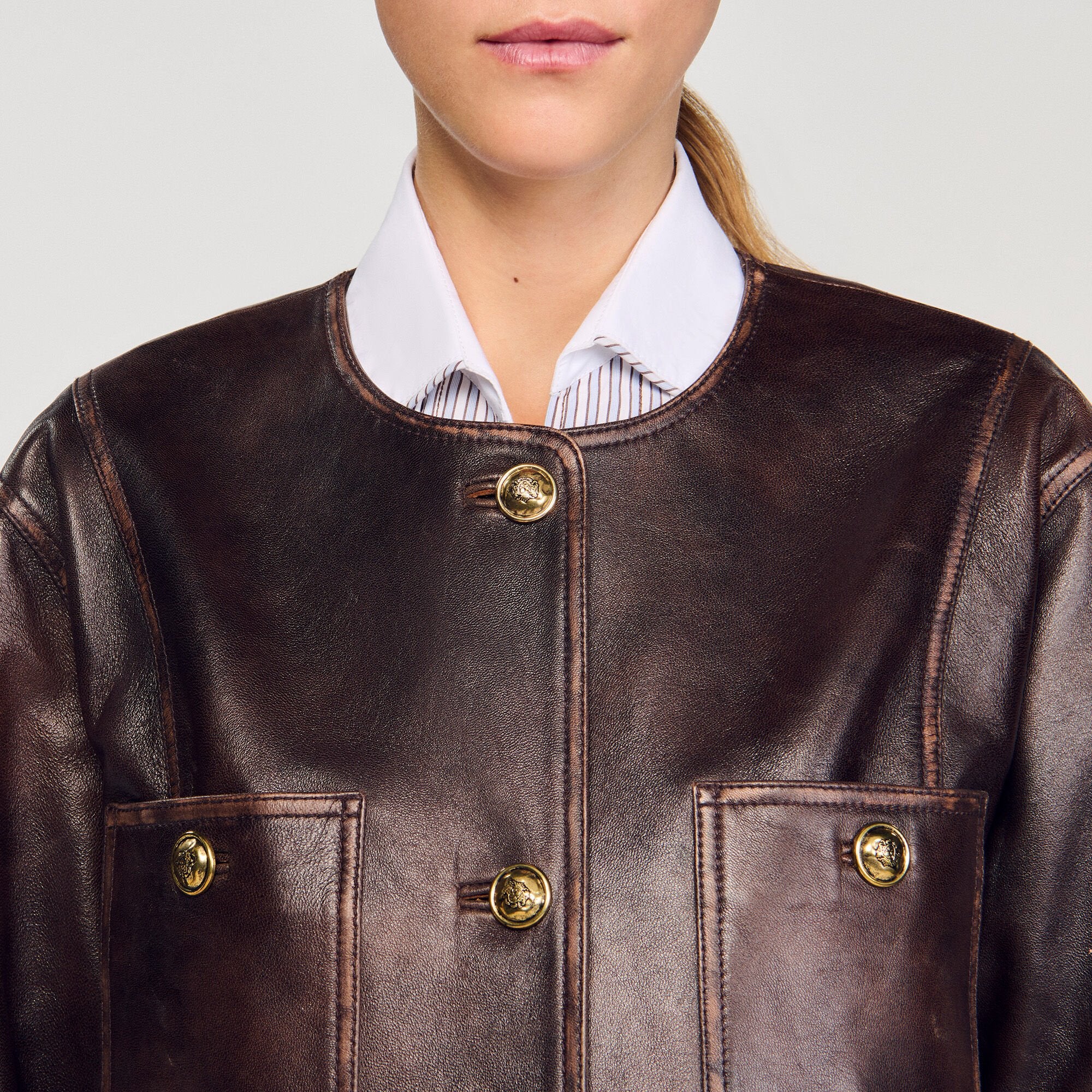 Long distressed leather jacket Black Brown Sandro Women