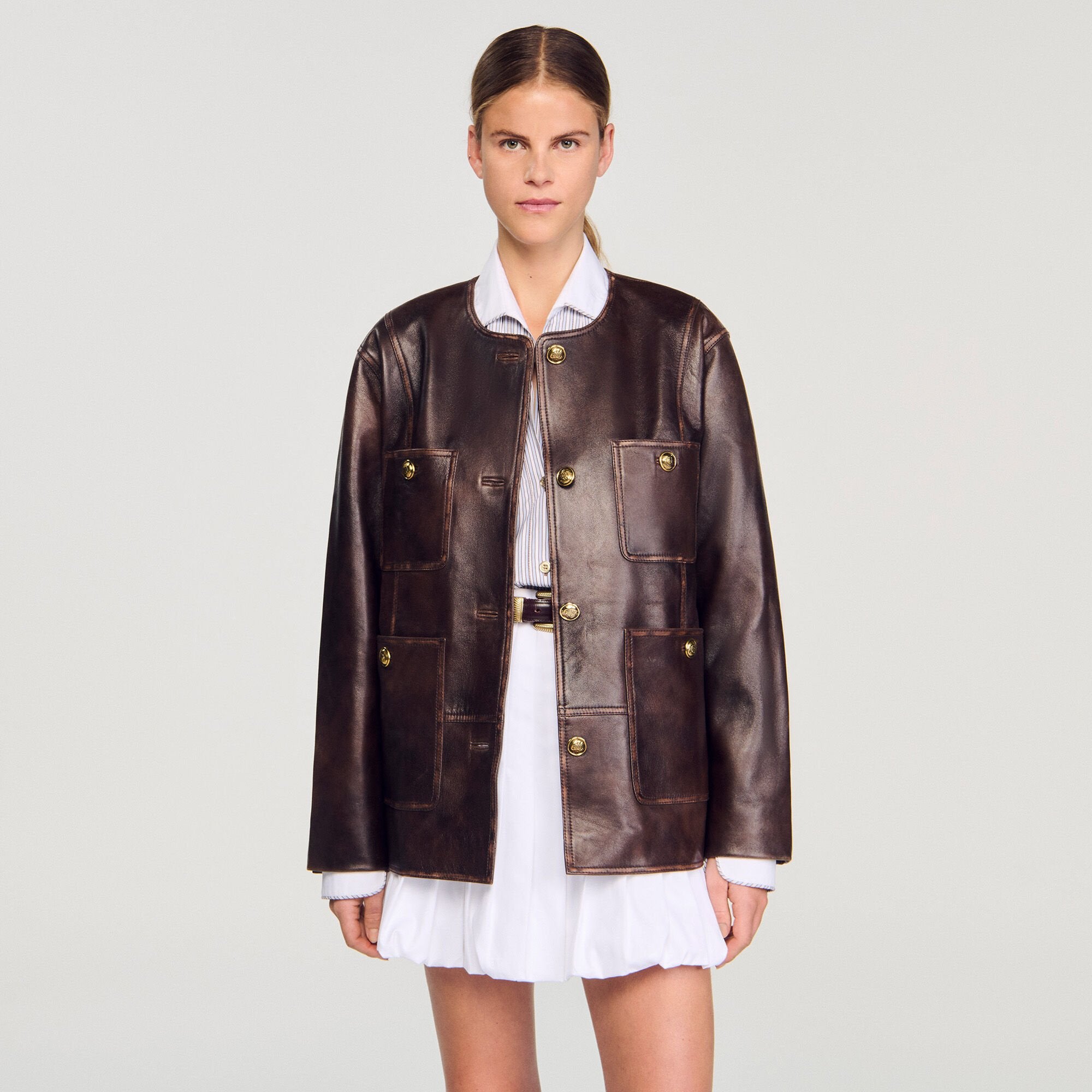 Long distressed leather jacket Black Brown Sandro Women