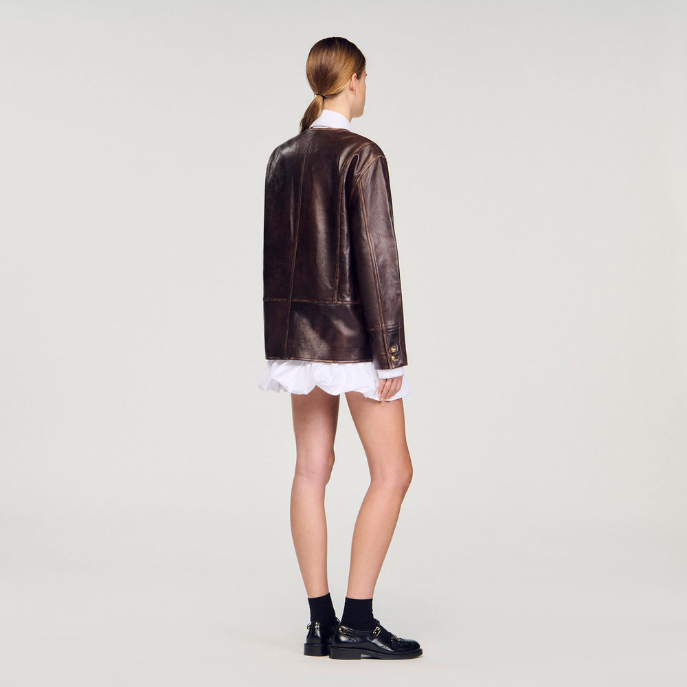 Long distressed leather jacket Black Brown Sandro Women