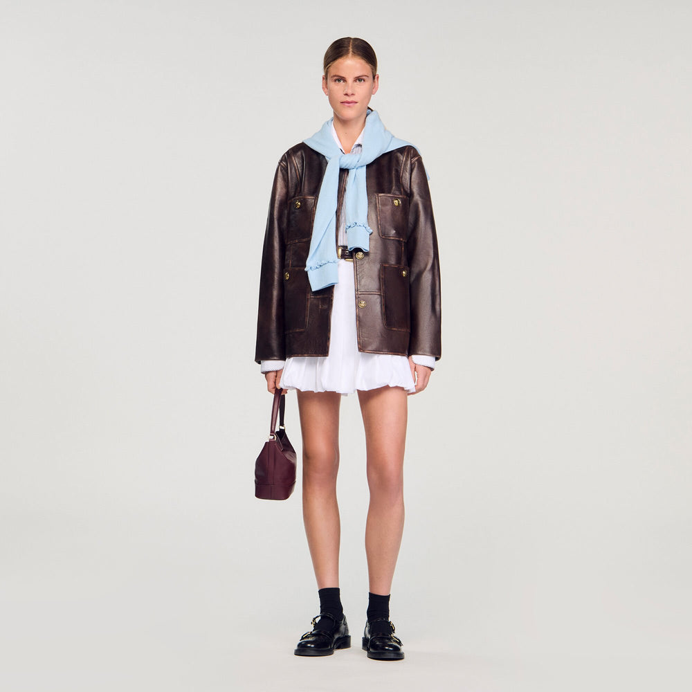 Long distressed leather jacket Black Brown Sandro Women