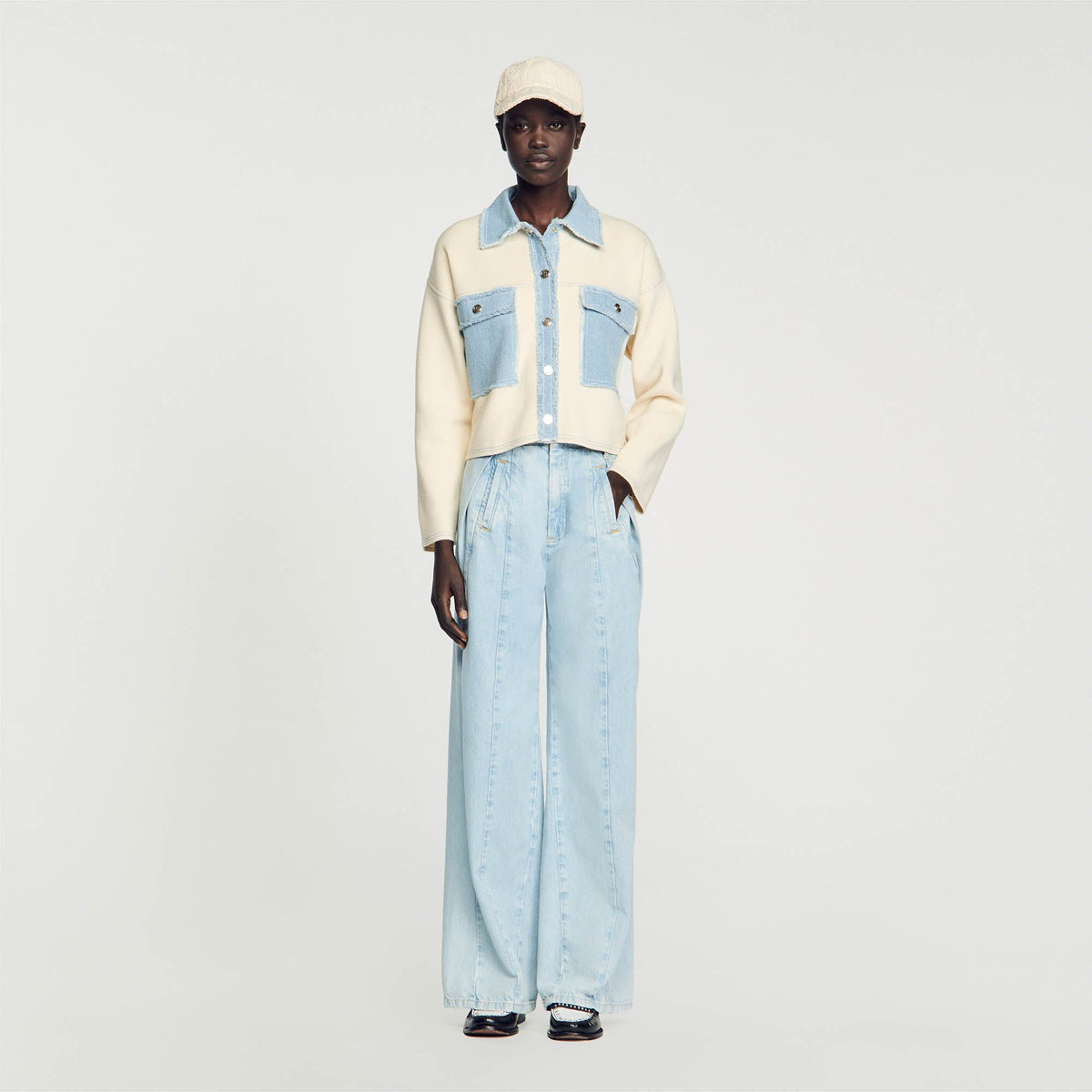 Oversized dual-material coatigan Ecru Sandro Women