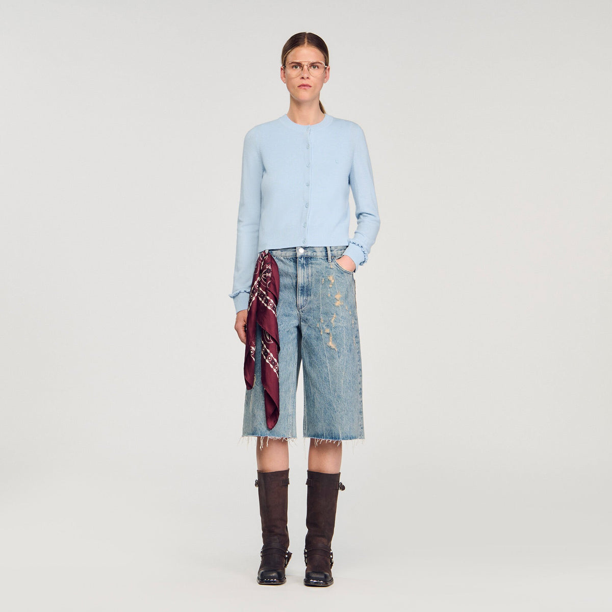 Ruffled cardigan Sky Blue Sandro Women