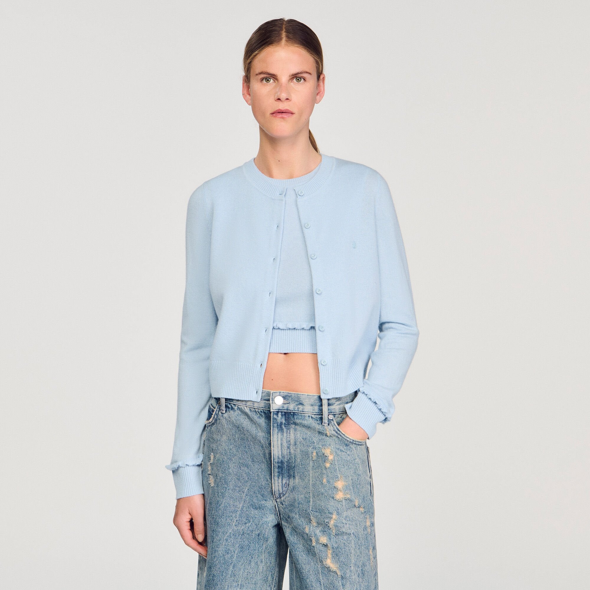 Ruffled cardigan Sky Blue Sandro Women