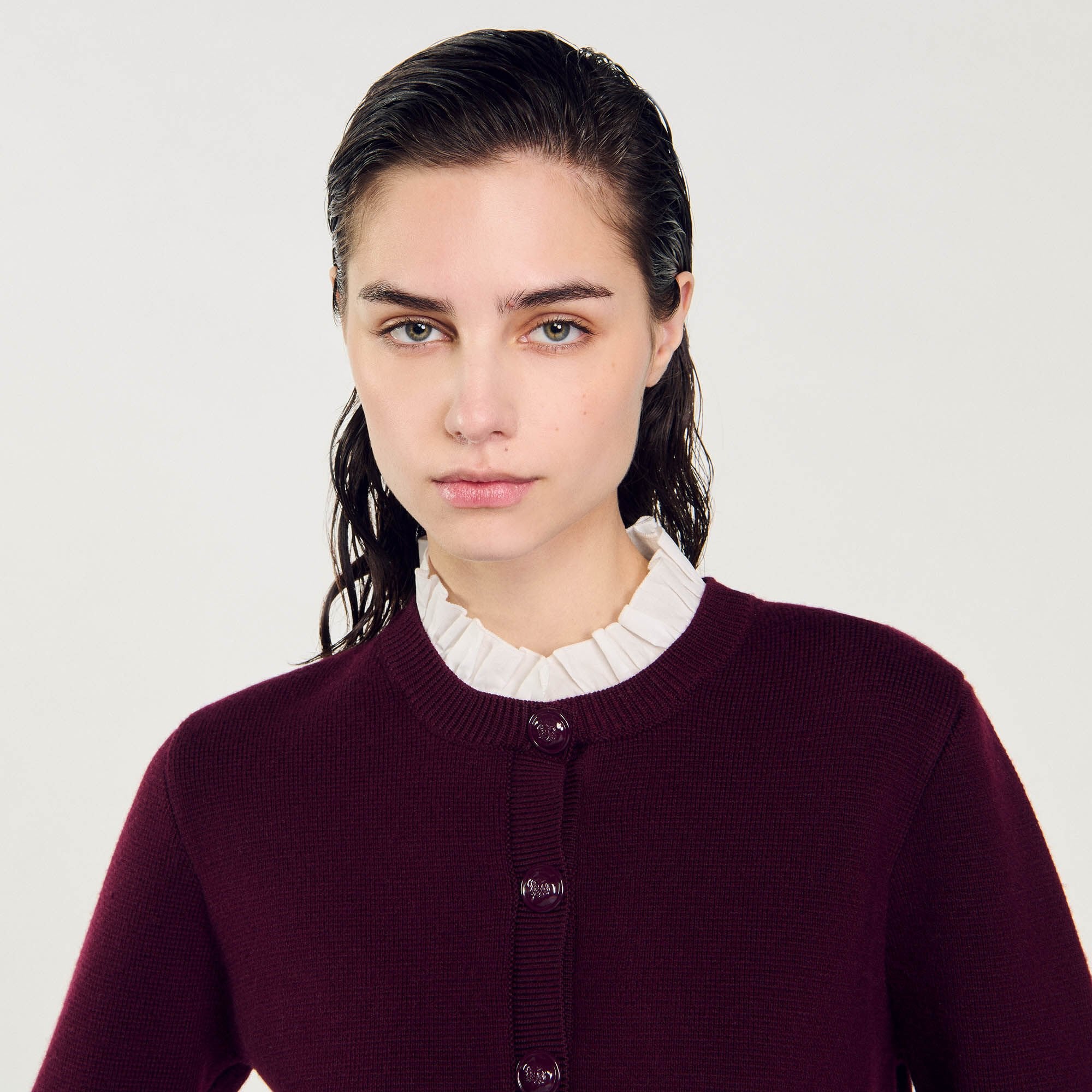 Knit cardigan with ruffled collar Bordeaux Sandro Women