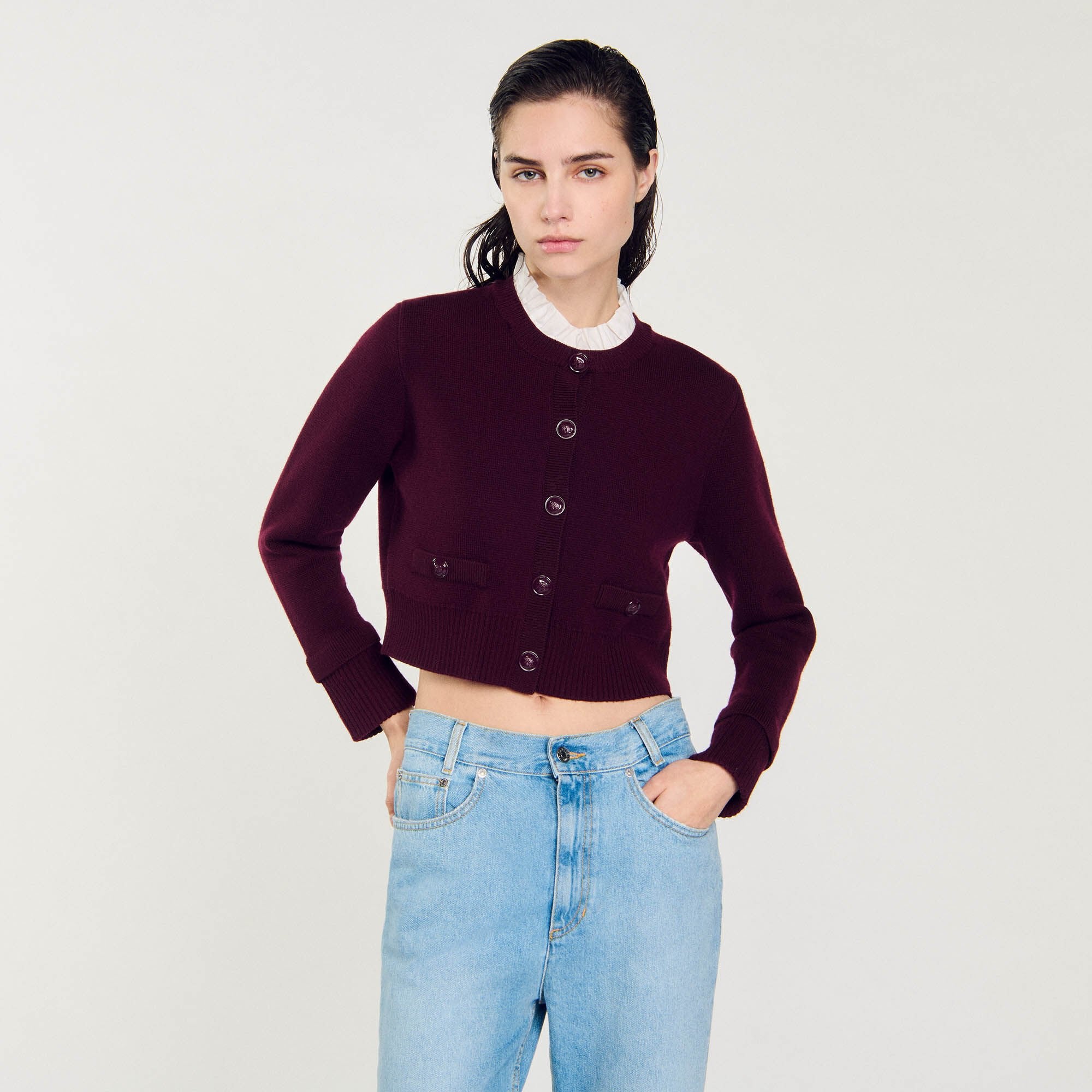 Knit cardigan with ruffled collar Bordeaux Sandro Women