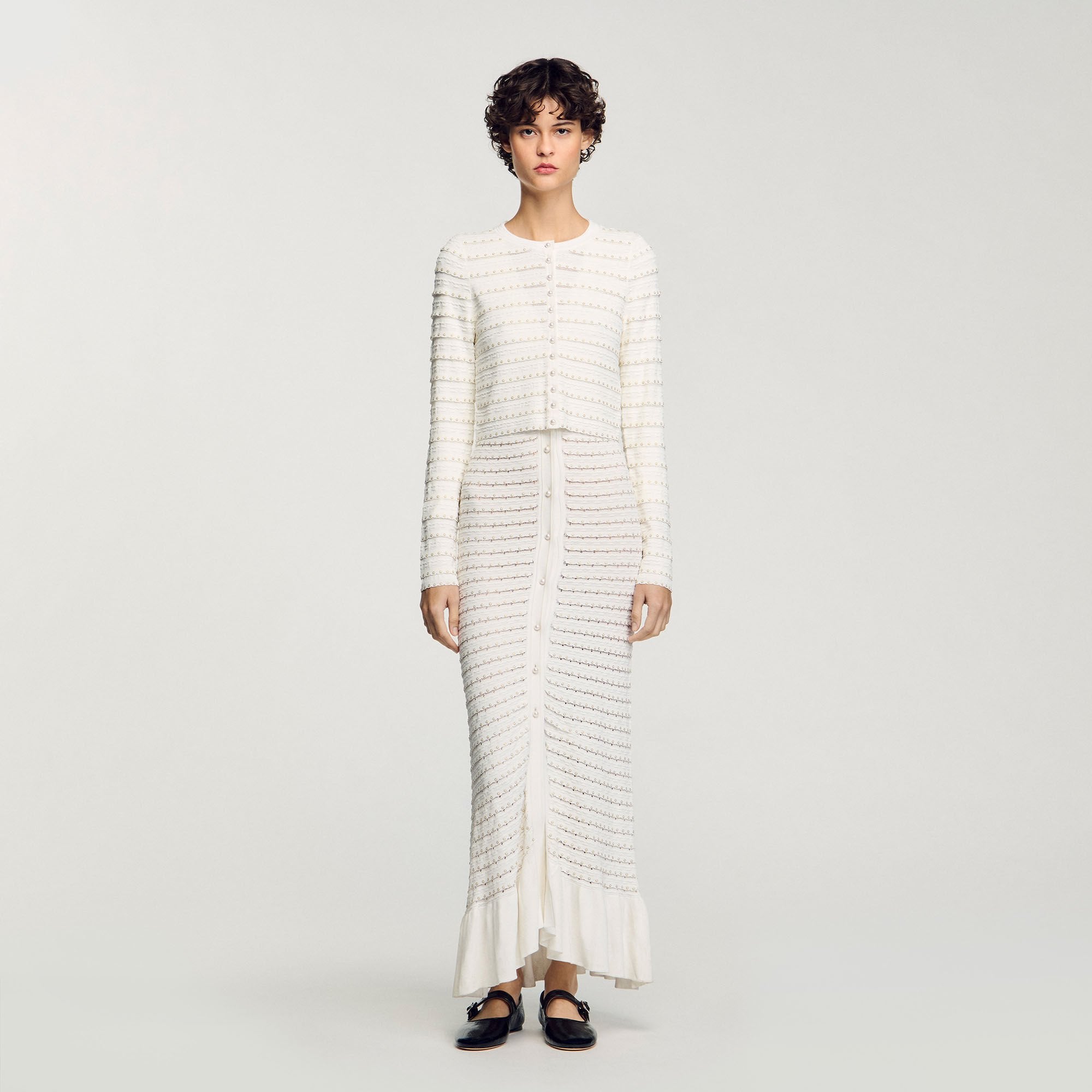 Cropped cardigan with pearl buttons Ecru Sandro Women