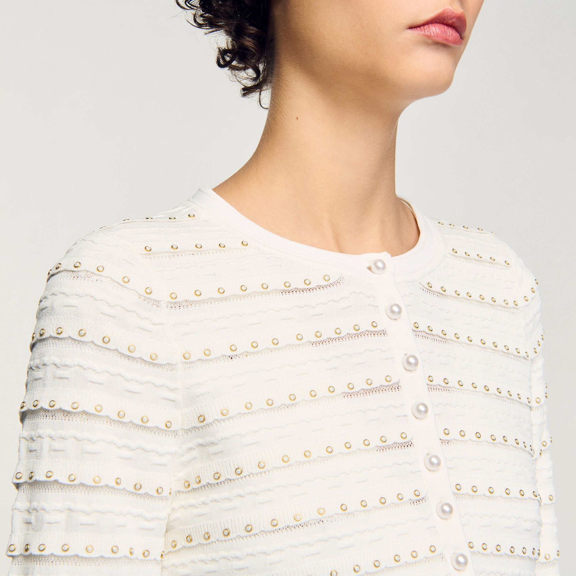 Cropped cardigan with pearl buttons Ecru Sandro Women