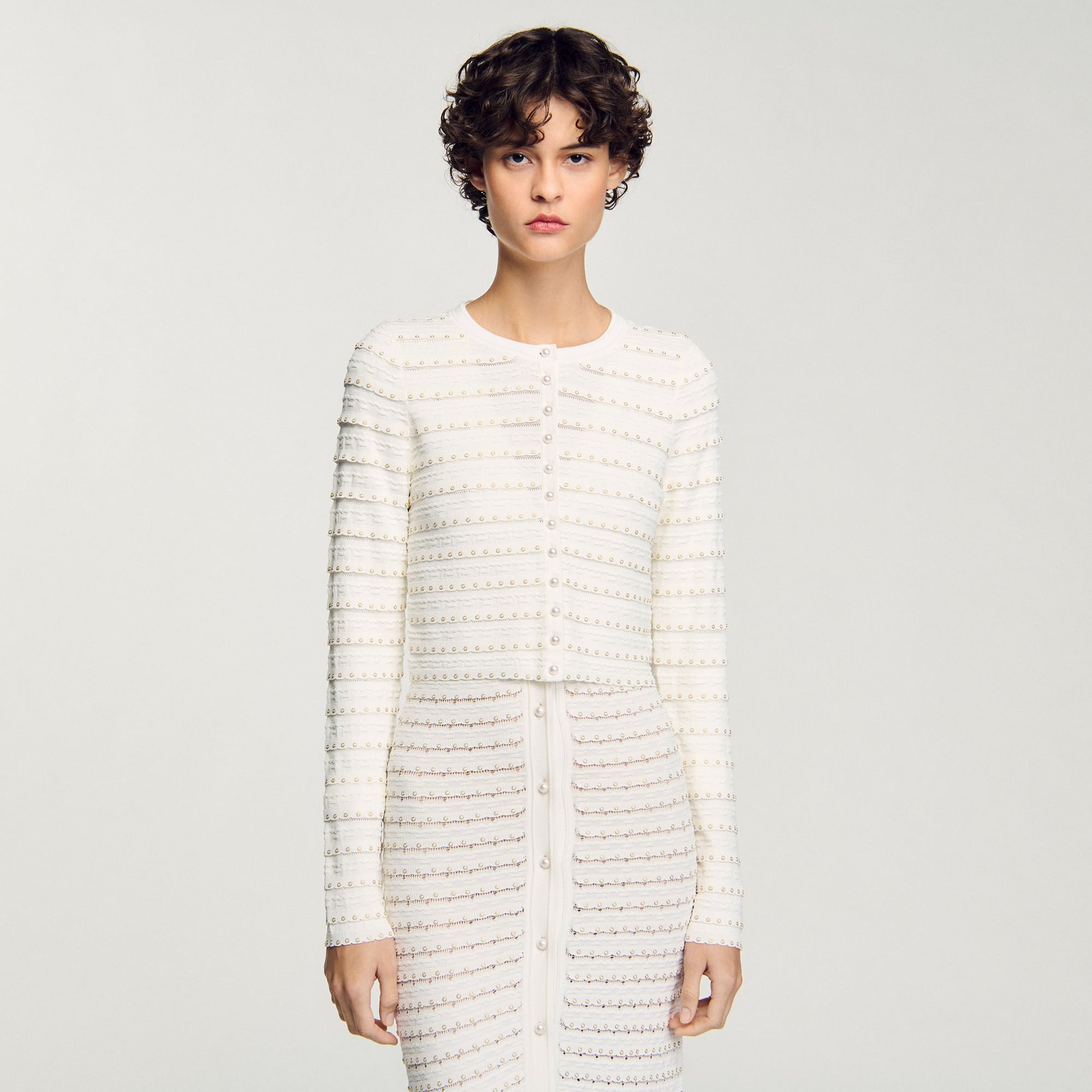 Cropped cardigan with pearl buttons Ecru Sandro Women