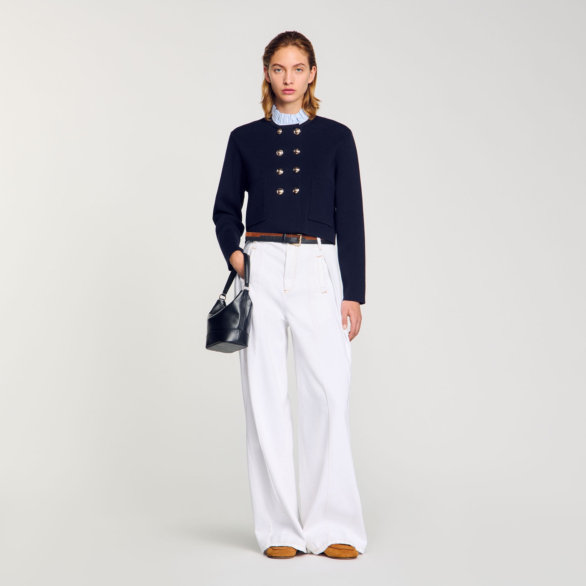 Cardigan with removable ruffled collar Navy Blue Sandro Women