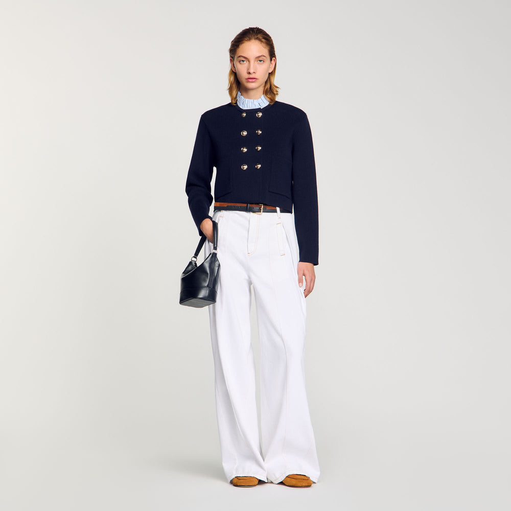 Cardigan with removable ruffled collar Navy Blue Sandro Women