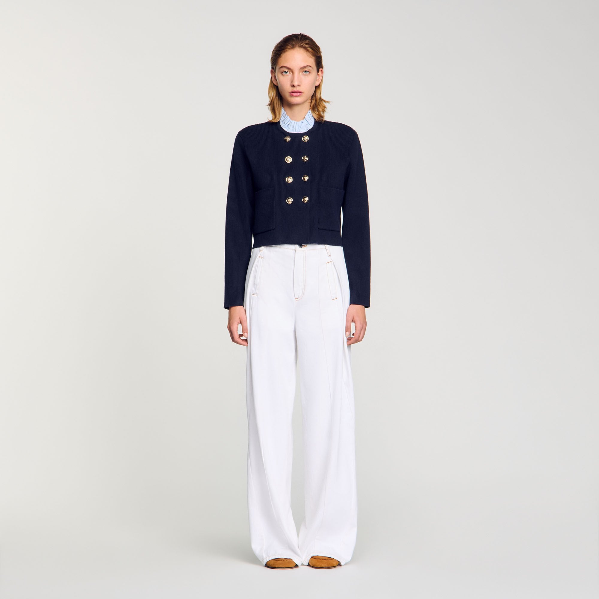 Cardigan with removable ruffled collar Navy Blue Sandro Women